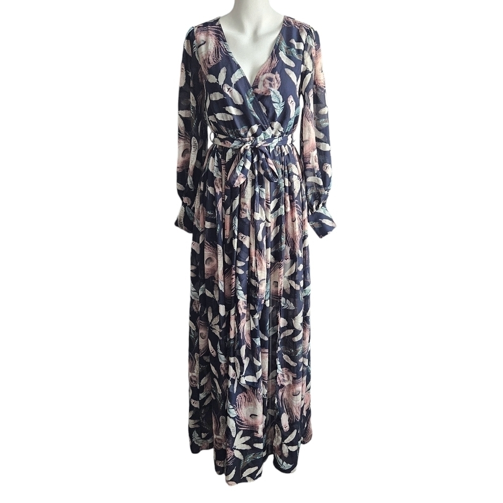 Fashion‎ Nova Dress Women’s Blue Long Sleeve Feathers Maxi SZ Small